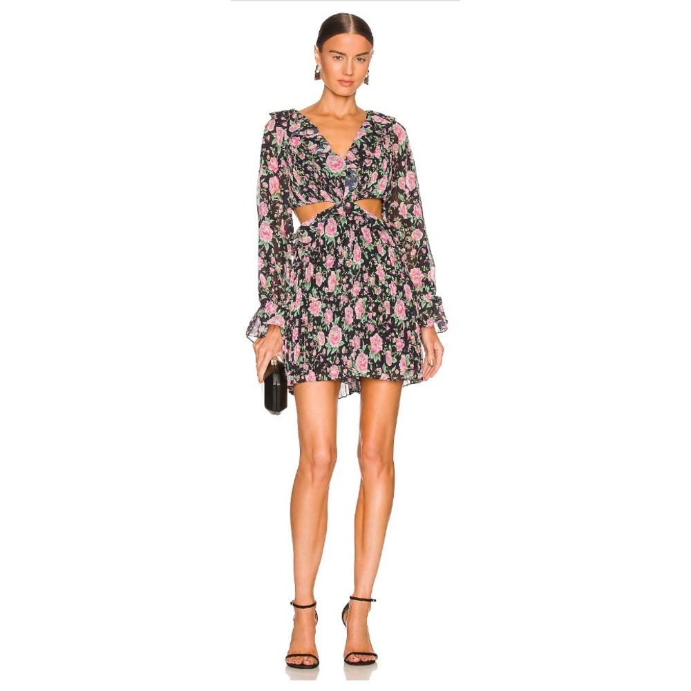 Revolve AMUR Romper Black‎ Floral Pleated Cutout Ruffle Mini Romper Size 8 NEW